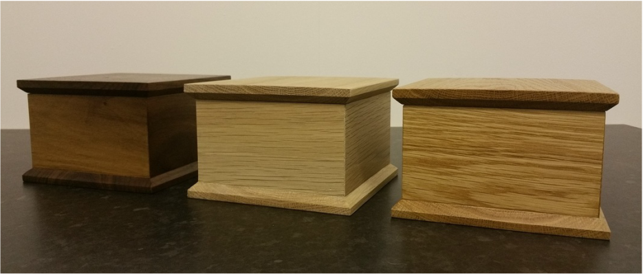 Jewellery boxes, made from oak and walnut. Oak version has two different finishes available.
